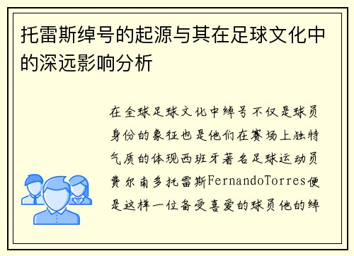 托雷斯绰号的起源与其在足球文化中的深远影响分析