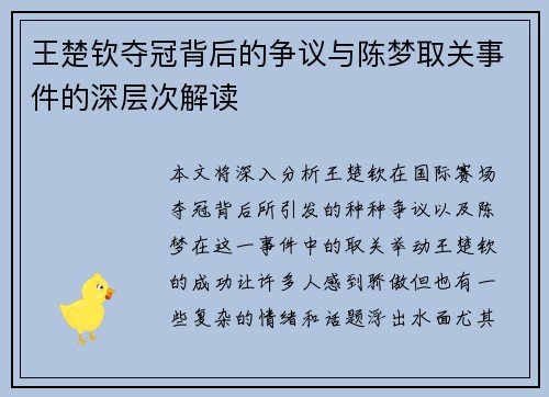 王楚钦夺冠背后的争议与陈梦取关事件的深层次解读